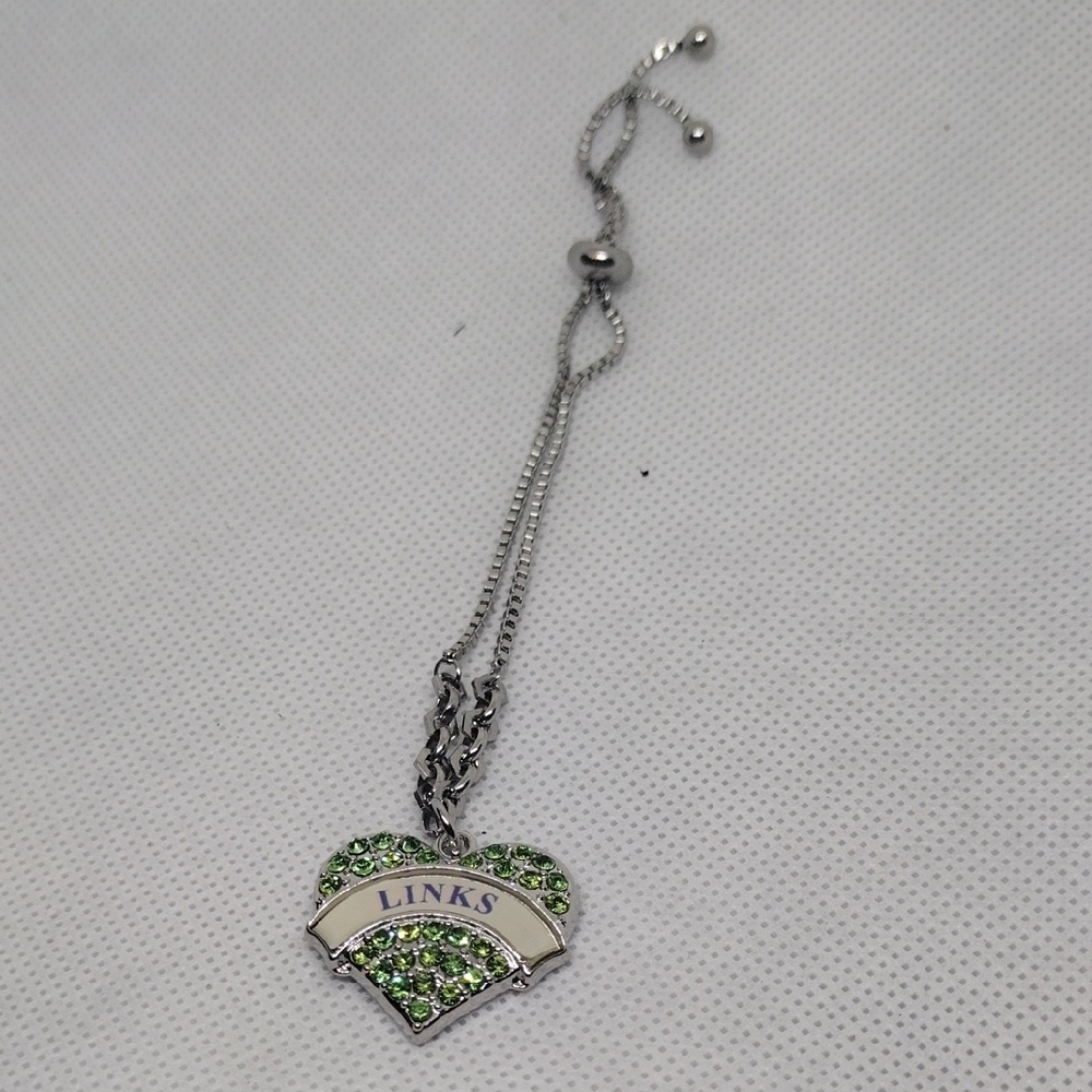Silver Bracelet with Green Heart Charm – New with Bag, “Links” Design - Picture 2 of 5